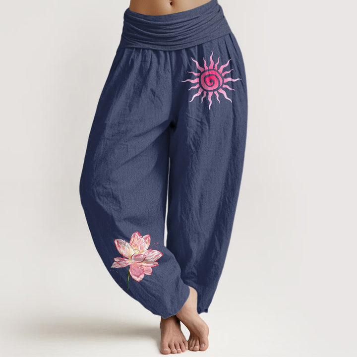 Buddha Stones Dames harembroek met elastische Taille en lotusbloem- en zonnepatroon. - Donker leisteenblauw - US16, UK/AU20, EU48 (3XL) - image 5