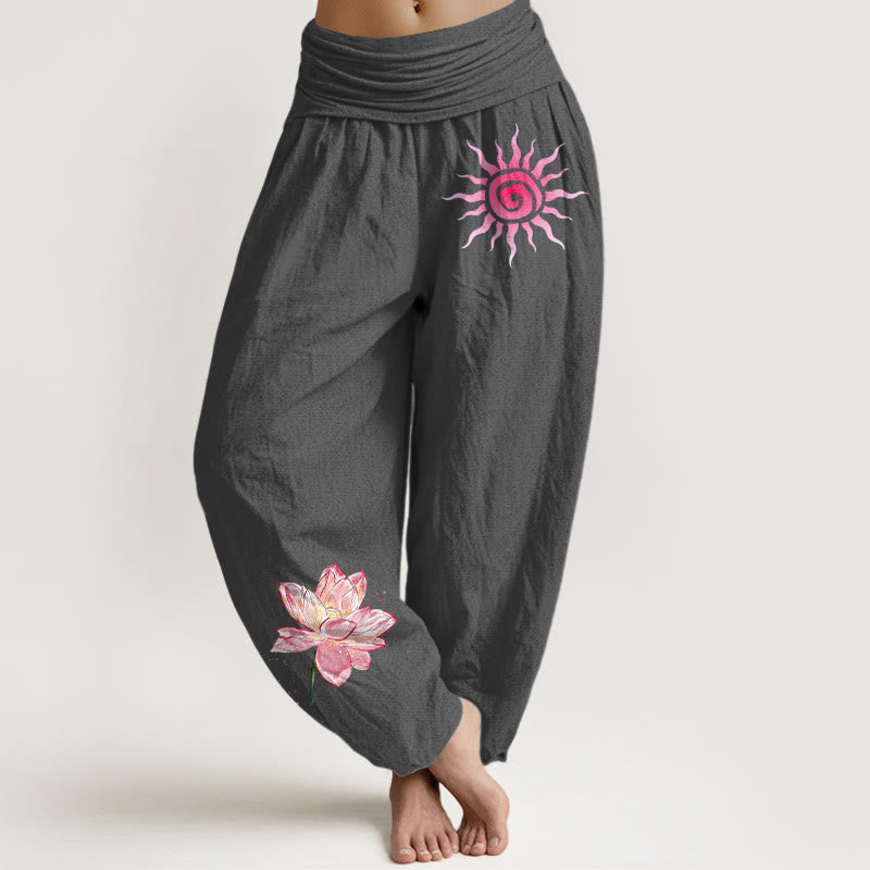 Buddha Stones Dames harembroek met elastische Taille en lotusbloem- en zonnepatroon. - Donkergrijs - US16, UK/AU20, EU48 (3XL) - image 8