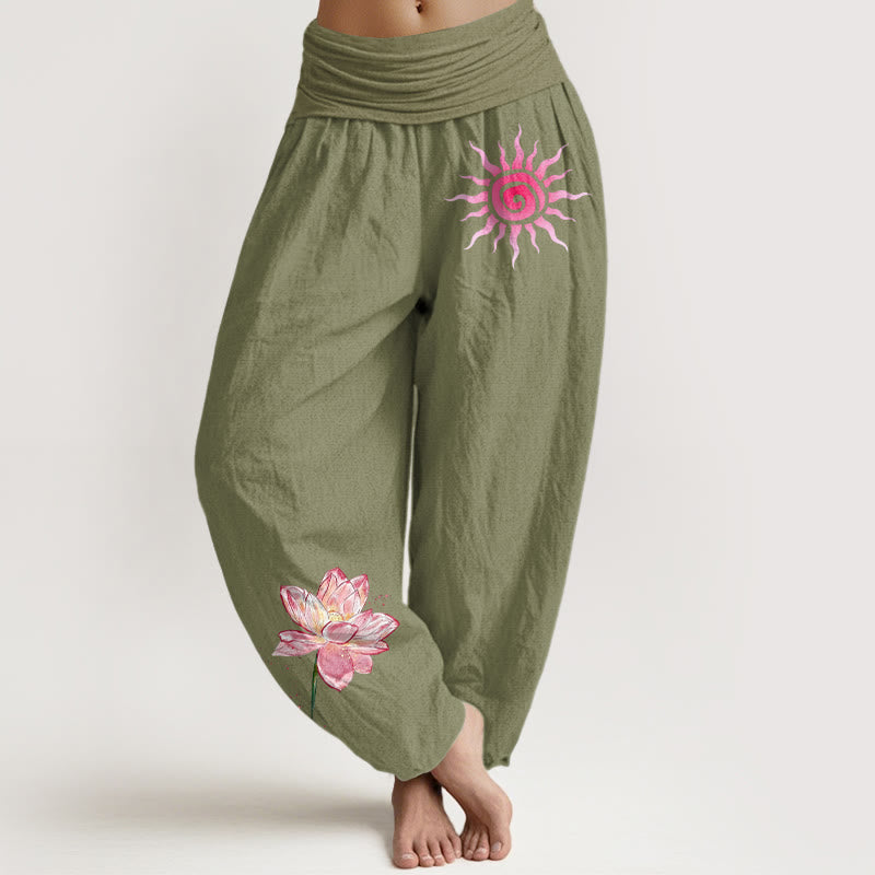 Buddha Stones Dames harembroek met elastische Taille en lotusbloem- en zonnepatroon. - Olijfgroen - US16, UK/AU20, EU48 (3XL) - image 14