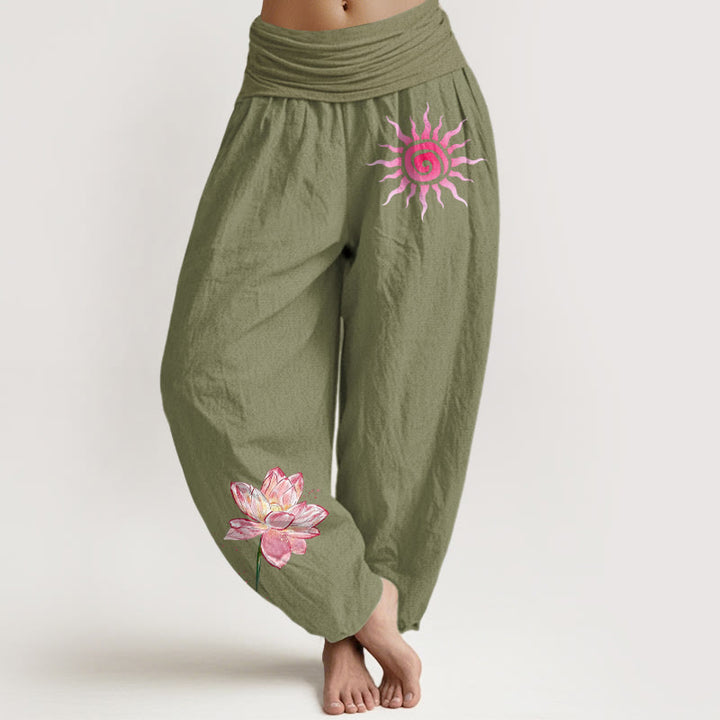 Buddha Stones Dames harembroek met elastische Taille en lotusbloem- en zonnepatroon. - Olijfgroen - US16, UK/AU20, EU48 (3XL) - image 14