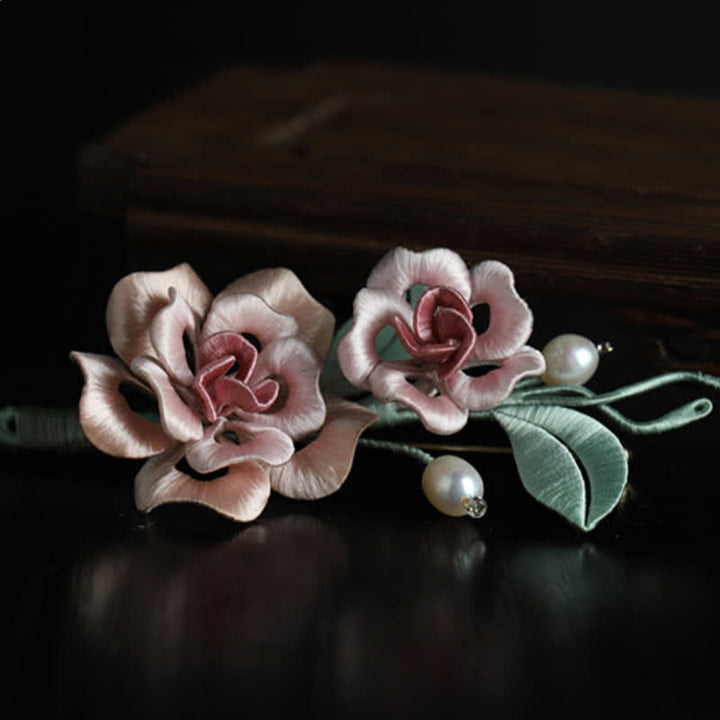 Buddha Stones Handgemaakte zijden broche met dubbele roos als symbool voor harmonie . - image 6