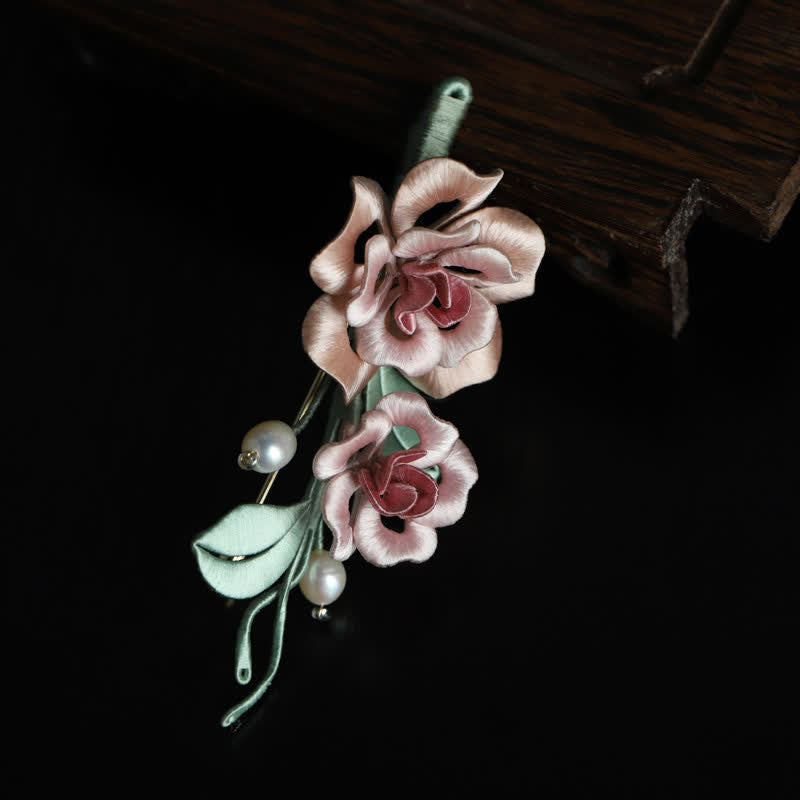 Buddha Stones Handgemaakte zijden broche met dubbele roos als symbool voor harmonie . - image 8