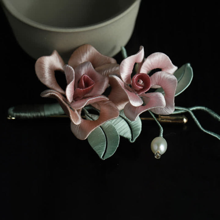 Buddha Stones Handgemaakte zijden broche met dubbele roos als symbool voor harmonie . - image 9