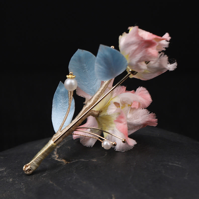 Buddha Stones Handgemaakte zijden Broche met roze irisbloem ter bescherming. - image 3