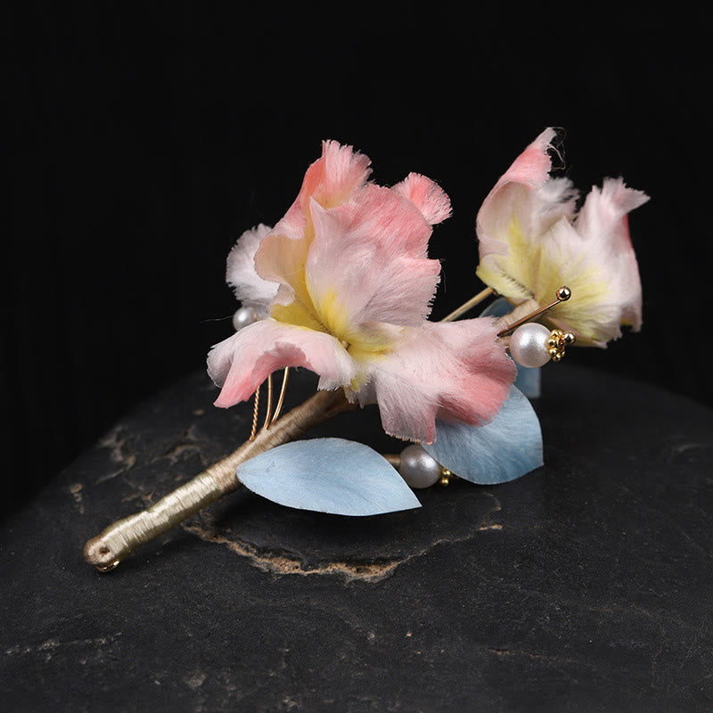 Buddha Stones Handgemaakte zijden Broche met roze irisbloem ter bescherming. - Roze iris, circa 7 cm - image 0