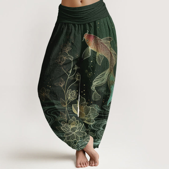 Buddha Stones Dames harembroek van 100% Cotton met lotus- en koivispatroon en elastische Taille . - Donkergroen - US16, UK/AU20, EU48 (3XL) - image 8
