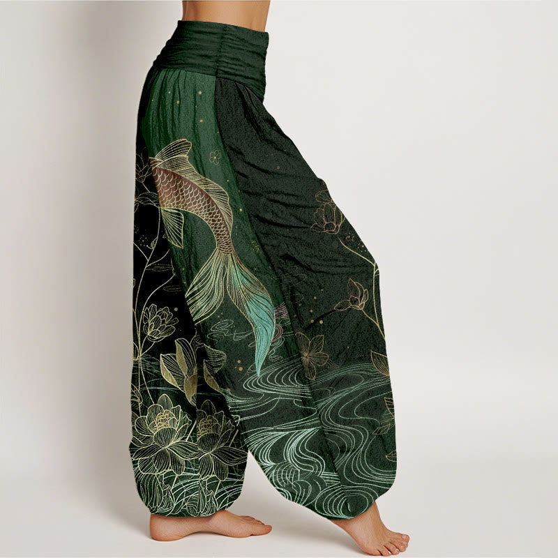 Buddha Stones Dames harembroek van 100% Cotton met lotus- en koivispatroon en elastische Taille . - image 10