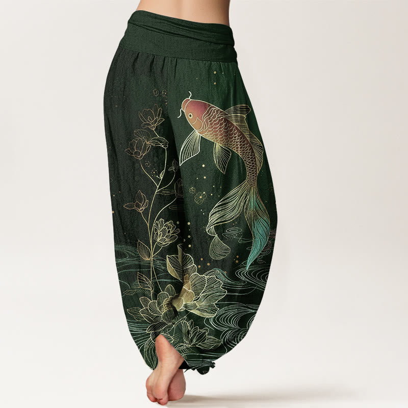 Buddha Stones Dames harembroek van 100% Cotton met lotus- en koivispatroon en elastische Taille . - image 9