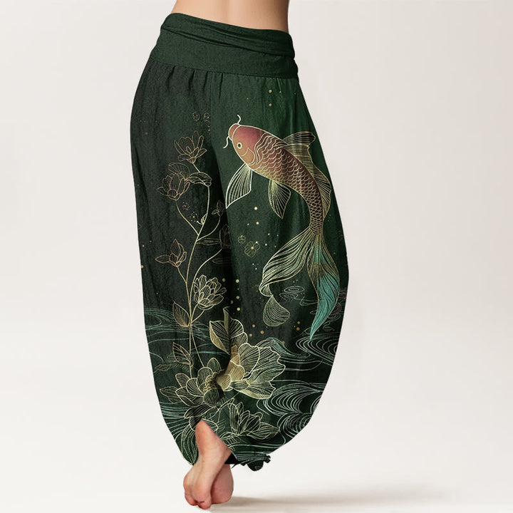Buddha Stones Dames harembroek van 100% Cotton met lotus- en koivispatroon en elastische Taille . - image 9