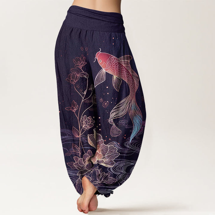 Buddha Stones Dames harembroek van 100% Cotton met lotus- en koivispatroon en elastische Taille . - image 6