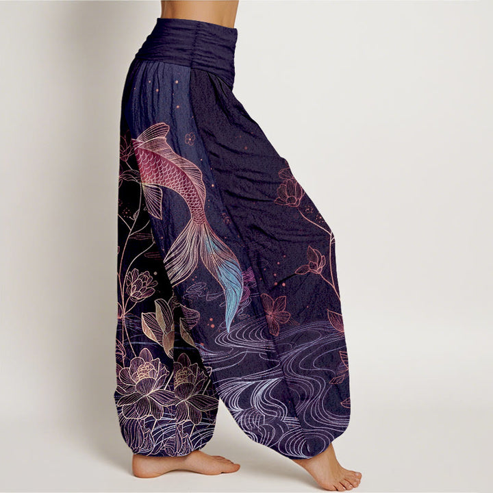 Buddha Stones Dames harembroek van 100% Cotton met lotus- en koivispatroon en elastische Taille . - image 7