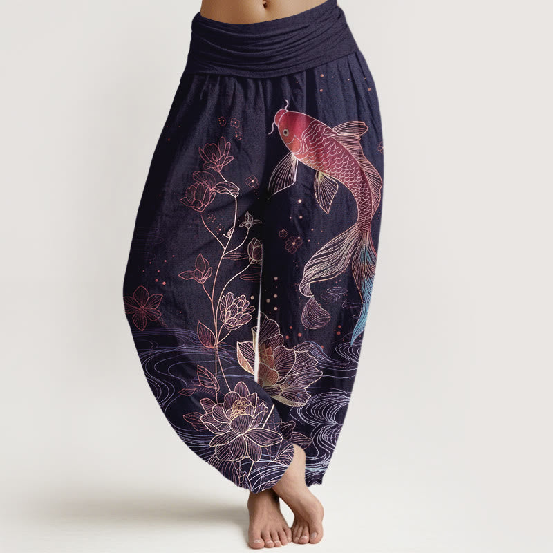 Buddha Stones Dames harembroek van 100% Cotton met lotus- en koivispatroon en elastische Taille . - Indigo - US16, UK/AU20, EU48 (3XL) - image 5