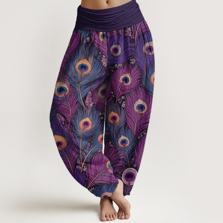 Buddha Stones Harembroek voor dames van 100% Cotton met pauwenverenpatroon en elastische Taille - Donkere Orchidee - US16, UK/AU20, EU48 (3XL) - image 0
