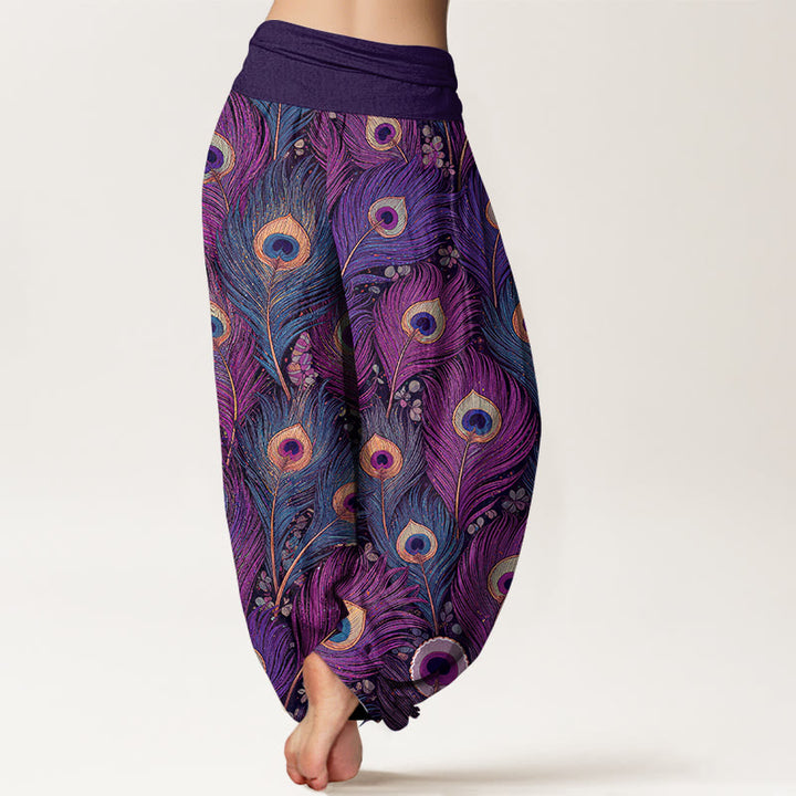 Buddha Stones Harembroek voor dames van 100% Cotton met pauwenverenpatroon en elastische Taille - image 1