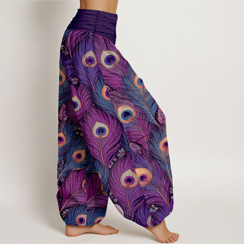 Buddha Stones Harembroek voor dames van 100% Cotton met pauwenverenpatroon en elastische Taille - image 2