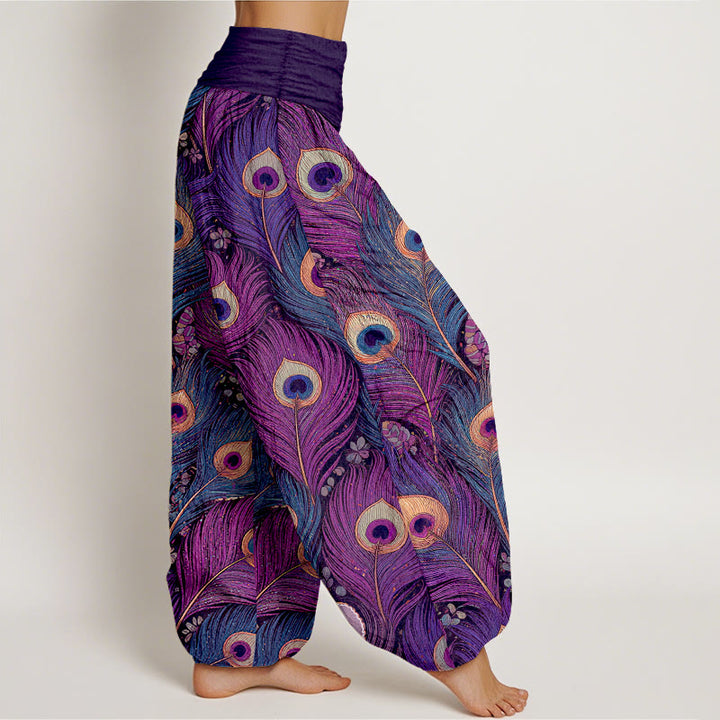 Buddha Stones Harembroek voor dames van 100% Cotton met pauwenverenpatroon en elastische Taille - image 2
