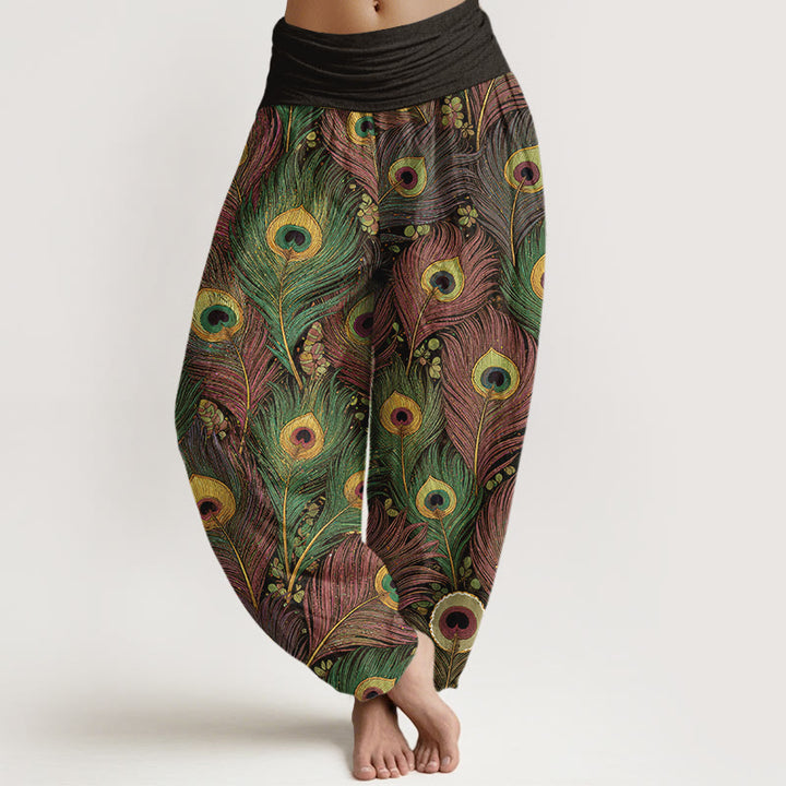 Buddha Stones Harembroek voor dames van 100% Cotton met pauwenverenpatroon en elastische Taille - Donker olijfgroen - US16, UK/AU20, EU48 (3XL) - image 5