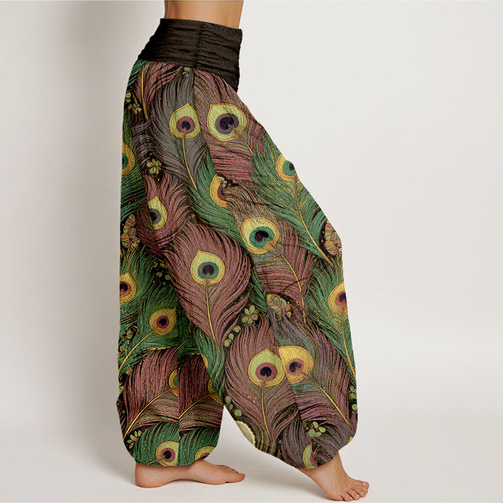 Buddha Stones Harembroek voor dames van 100% Cotton met pauwenverenpatroon en elastische Taille - image 7