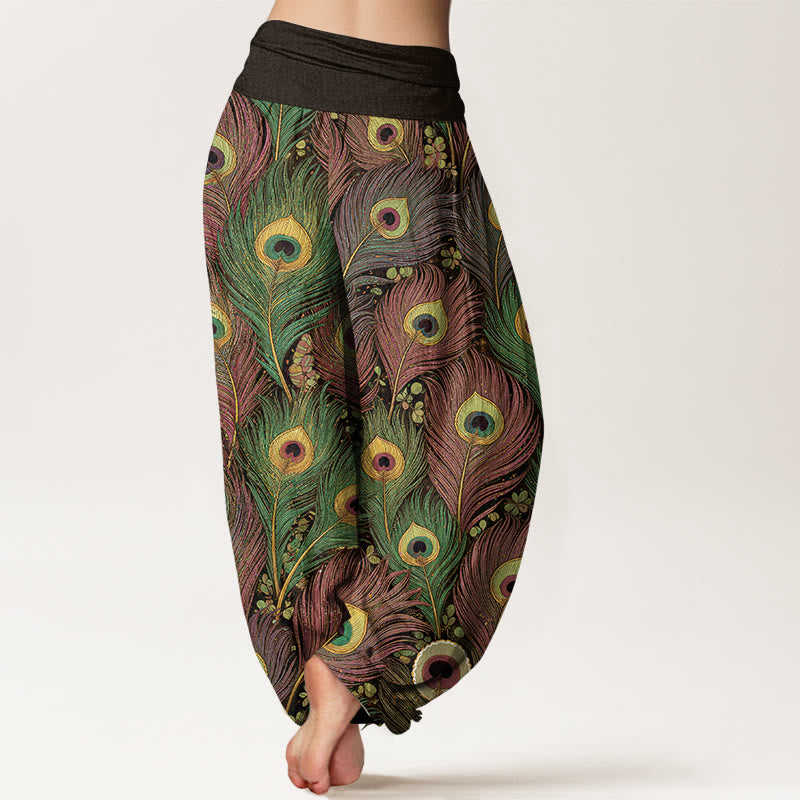 Buddha Stones Harembroek voor dames van 100% Cotton met pauwenverenpatroon en elastische Taille - image 6