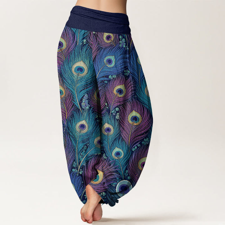 Buddha Stones Harembroek voor dames van 100% Cotton met pauwenverenpatroon en elastische Taille - image 9