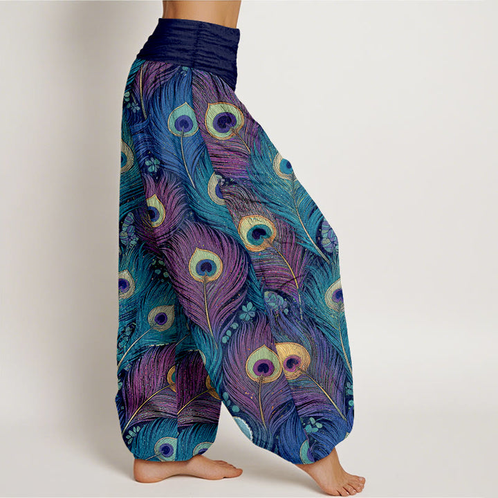 Buddha Stones Harembroek voor dames van 100% Cotton met pauwenverenpatroon en elastische Taille - image 10