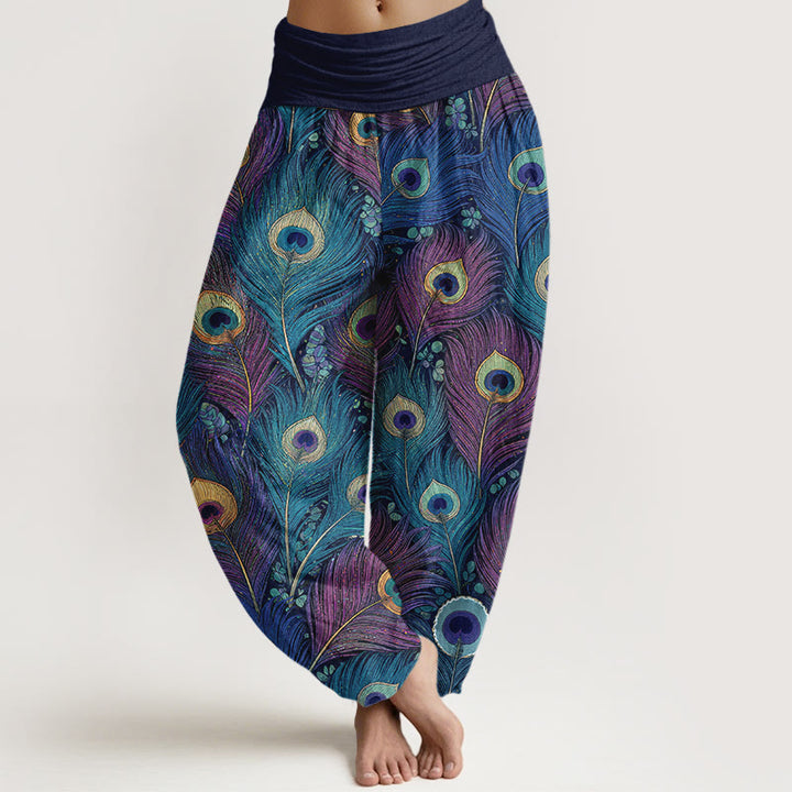 Buddha Stones Harembroek voor dames van 100% Cotton met pauwenverenpatroon en elastische Taille - Staalblauw - US16, UK/AU20, EU48 (3XL) - image 8