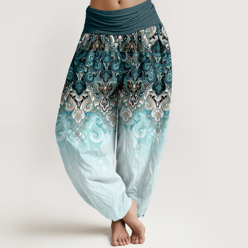 Buddha Stones Harembroek voor dames van 100% Cotton met elastische Taille en paisley-bloemenprint in kleurverloop. - Teal - US16, UK/AU20, EU48 (3XL) - image 0