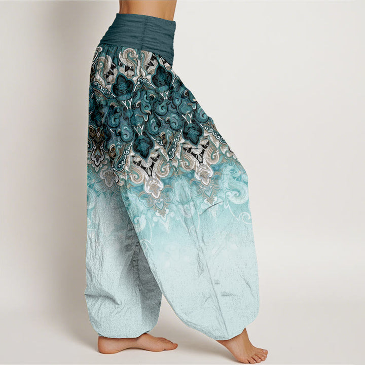 Buddha Stones Harembroek voor dames van 100% Cotton met elastische Taille en paisley-bloemenprint in kleurverloop. - image 2