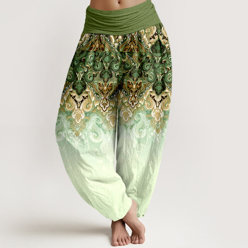 Buddha Stones Harembroek voor dames van 100% Cotton met elastische Taille en paisley-bloemenprint in kleurverloop. - Olijfgroen - US16, UK/AU20, EU48 (3XL) - image 8
