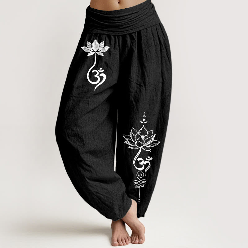 Buddha Stones Dames harembroek met elastische Taille en lotusbloemmotief - Zwart - US16, UK/AU20, EU48 (3XL) - image 5