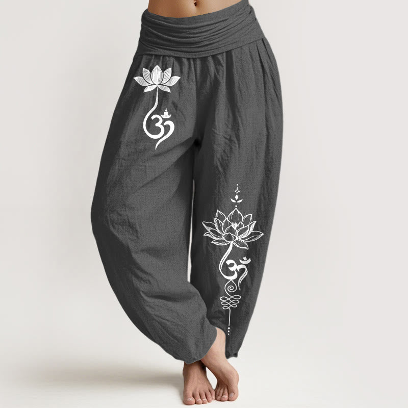 Buddha Stones Dames harembroek met elastische Taille en lotusbloemmotief - Donkergrijs - US16, UK/AU20, EU48 (3XL) - image 0