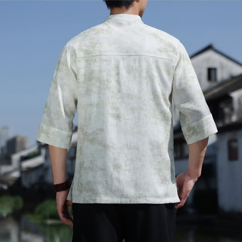 Buddha Stones Herenoverhemd met Korte mouw en geborduurd kikkerknopenpatroon, model Tang Suit. - image 1