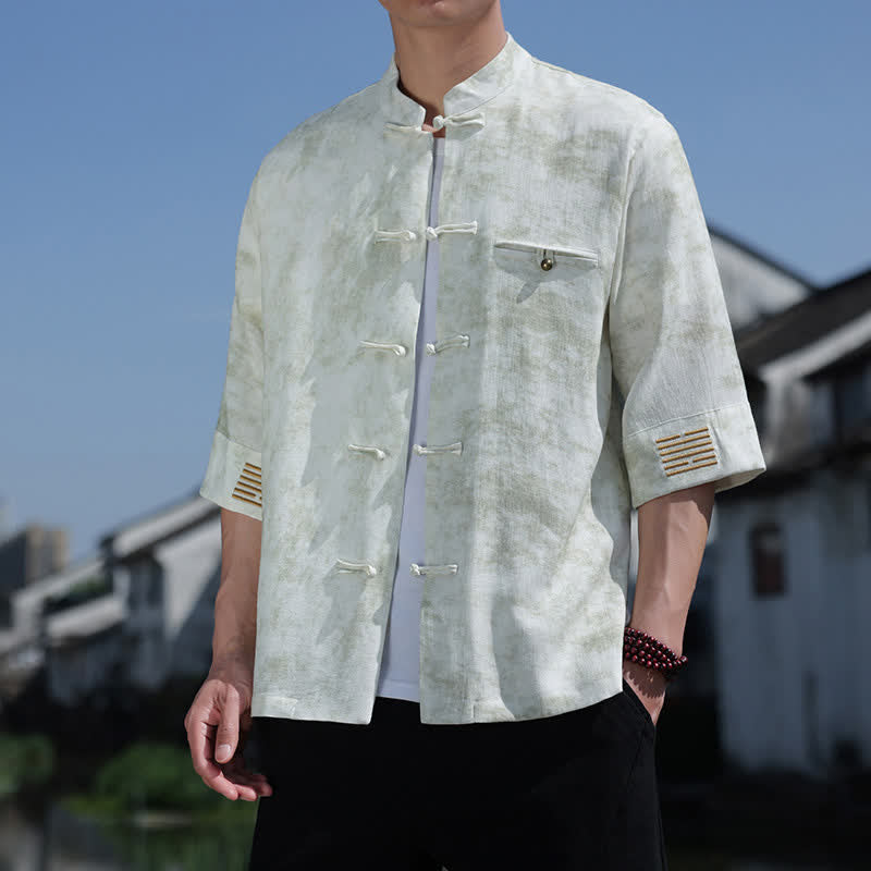 Buddha Stones Herenoverhemd met Korte mouw en geborduurd kikkerknopenpatroon, model Tang Suit. - Honingmeloen - US/UK/AU46, EU56 (5XL) - image 0