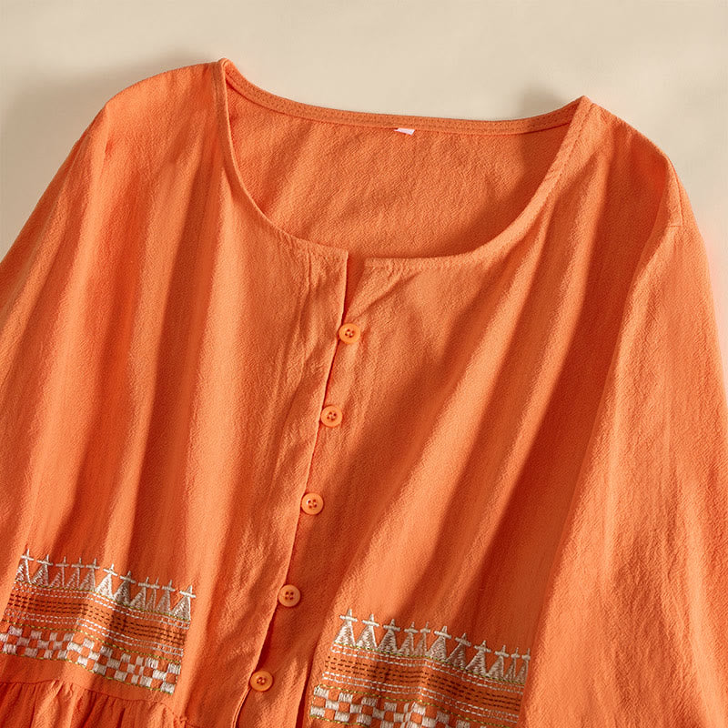 Buddha Stones Geborduurde geometrische Midi jurk met halve Mouwlengte en Zakken voor dames - image 11
