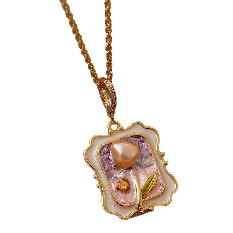 Buddha Stones Bloemen olieverfschilderij parel koper helende Ketting hanger - image 5