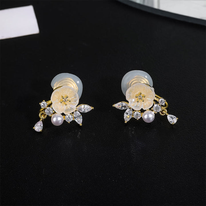 Buddha Stones Witte roos bloem zirkonia koper geluk clip-on Oorbellen - Oorbellen - image 7