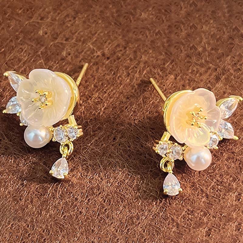 Buddha Stones Witte roos bloem zirkonia koper geluk clip-on Oorbellen - image 1