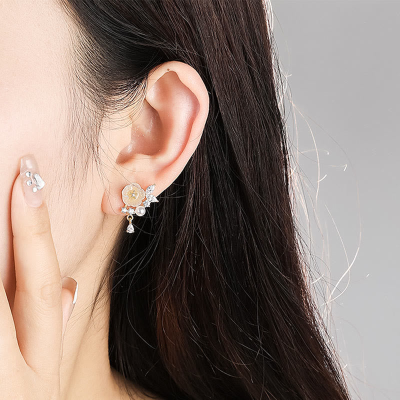 Buddha Stones Witte roos bloem zirkonia koper geluk clip-on Oorbellen - image 4