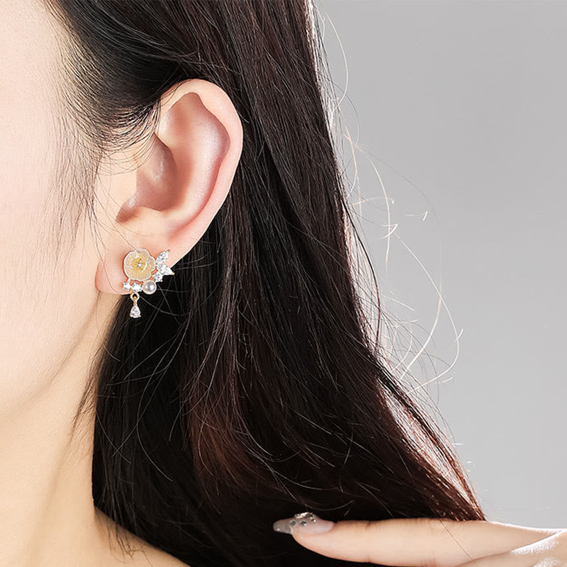 Buddha Stones Witte roos bloem zirkonia koper geluk clip-on Oorbellen - image 3