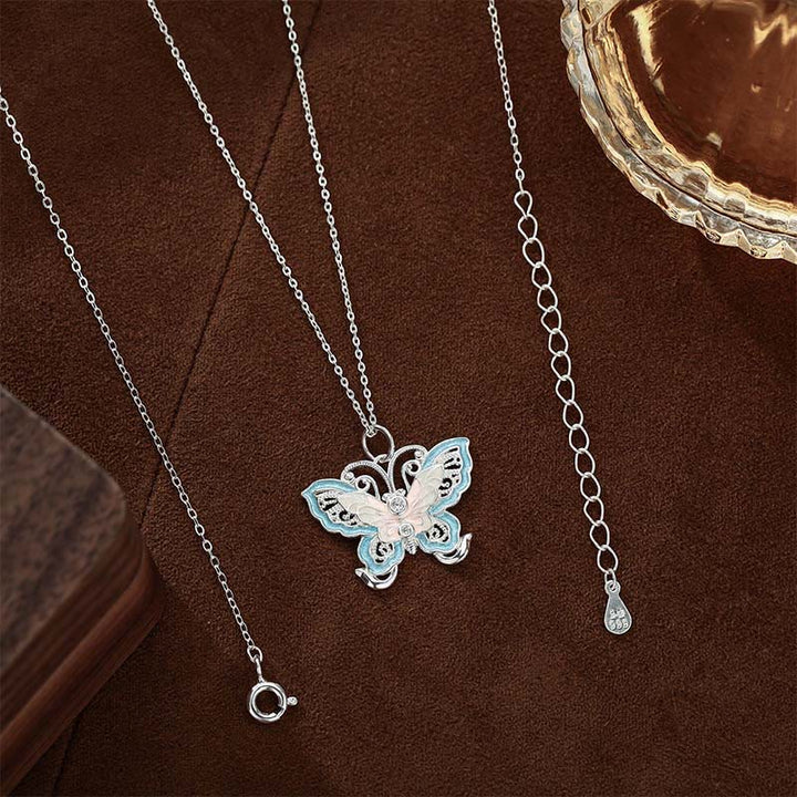 Buddha Stones 999 Sterling Zilveren Vlinder met Blauw Emaille Ketting - image 1