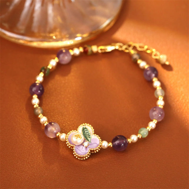 Buddha Stones Parel-turkooizen kralen, bloemmotief, koperen Armband - image 1