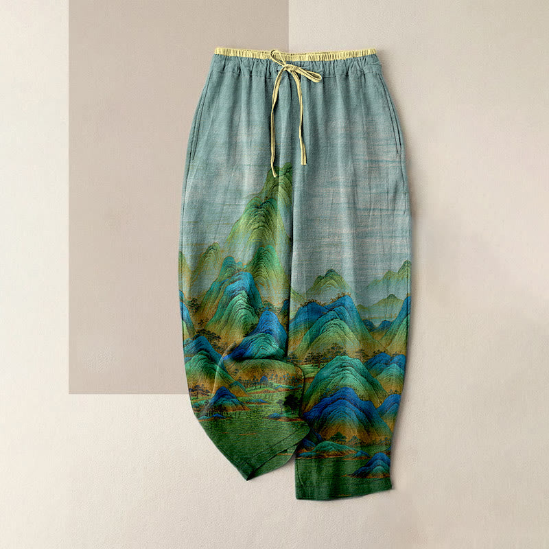 Buddha Stones Damesbroek van 100% Cotton met natuurlijke landschapsprint, elastische Taille en Zakken. - Licht turkoois - US16, UK/AU20, EU48 (3XL) - image 0