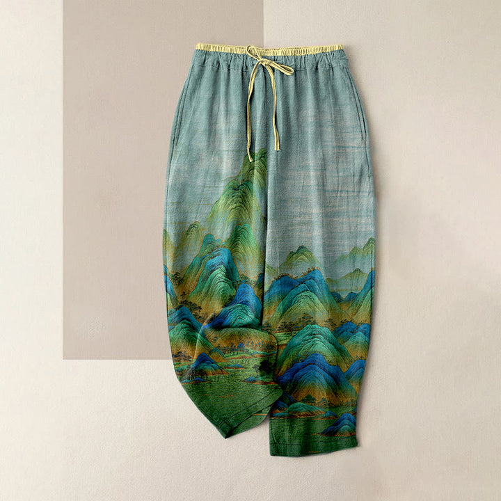 Buddha Stones Damesbroek van 100% Cotton met natuurlijke landschapsprint, elastische Taille en Zakken. - Licht turkoois - US16, UK/AU20, EU48 (3XL) - image 0