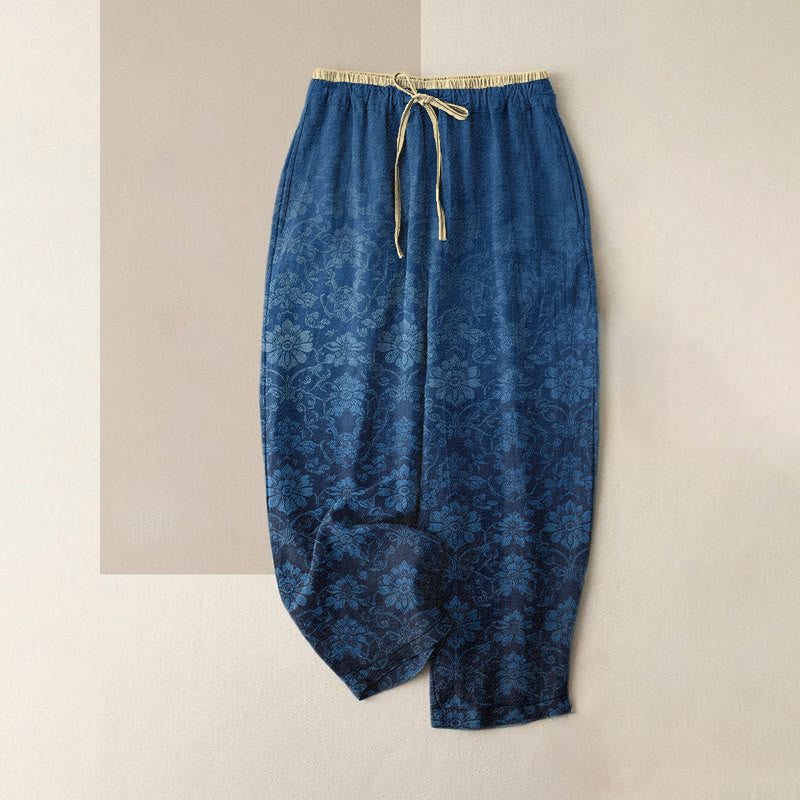 Buddha Stones Retro damesbroek van 100% Cotton met decoratief bloemenpatroon, elastische Taille en Zakken. - Staalblauw - US16, UK/AU20, EU48 (3XL) - image 0