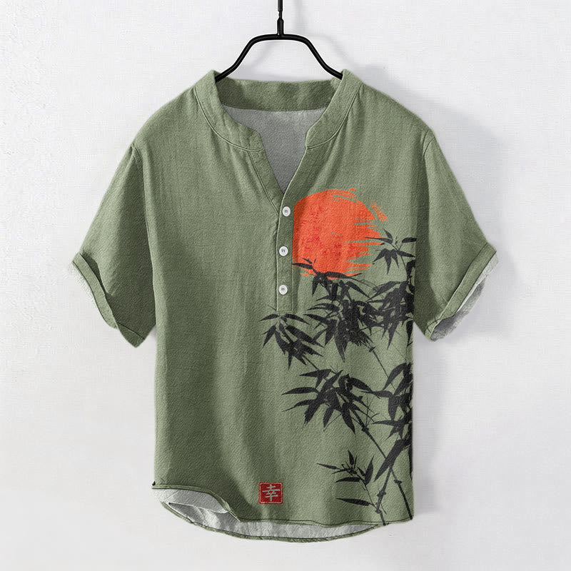 Buddha Stones Eenvoudig katoenen herenoverhemd met rode zon en bamboepatroon, Korte mouw en halve knoopsluiting. - Donkerzeegroen - US/UK/AU50, EU60 (5XL) - image 0