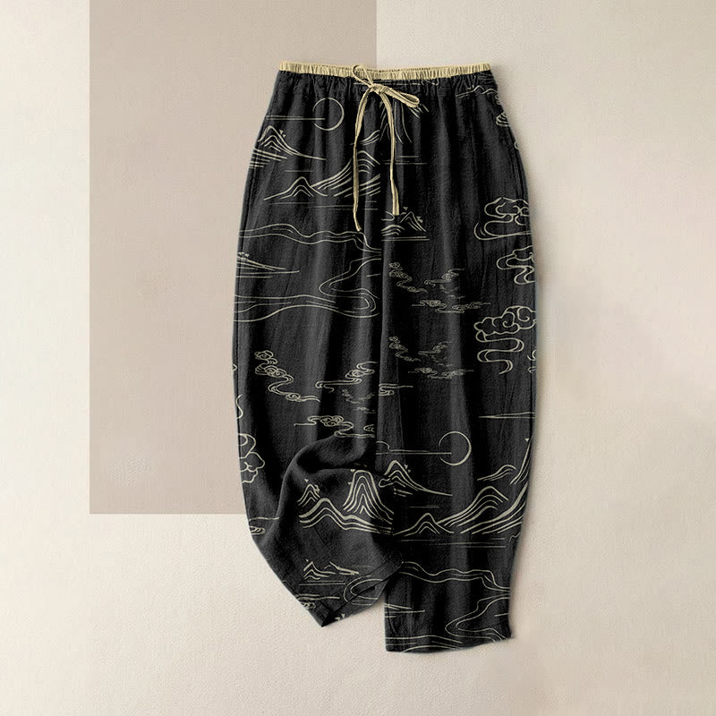 Buddha Stones Casual katoenen damesbroek met elastische Taille en Zakken , met berg-, maan- en wolkenpatroon. - Zwart - US16, UK/AU20, EU48 (3XL) - image 0