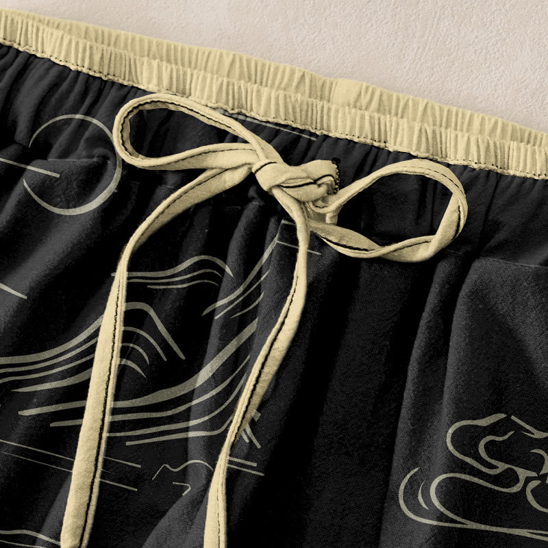 Buddha Stones Casual katoenen damesbroek met elastische Taille en Zakken , met berg-, maan- en wolkenpatroon. - image 1