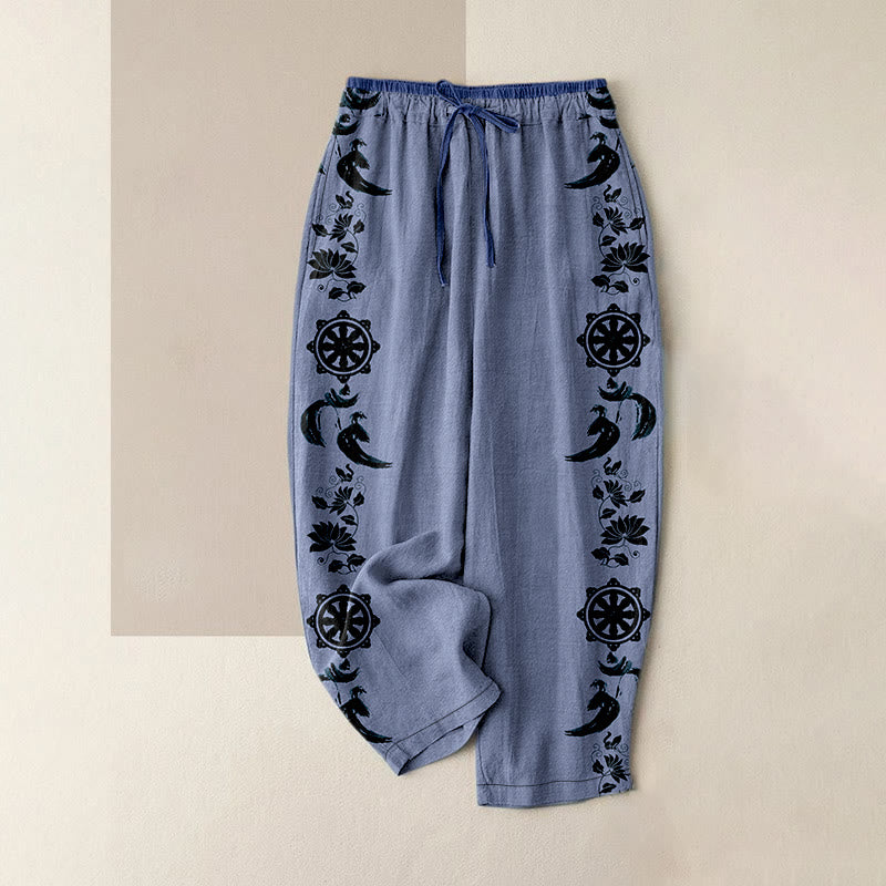 Buddha Stones Casual katoenen damesbroek met dharmawiel- en lotusmotief (OM-patroon) en elastische Taille , inclusief Zakken. - Korenbloemblauw - US16, UK/AU20, EU48 (3XL) - image 0