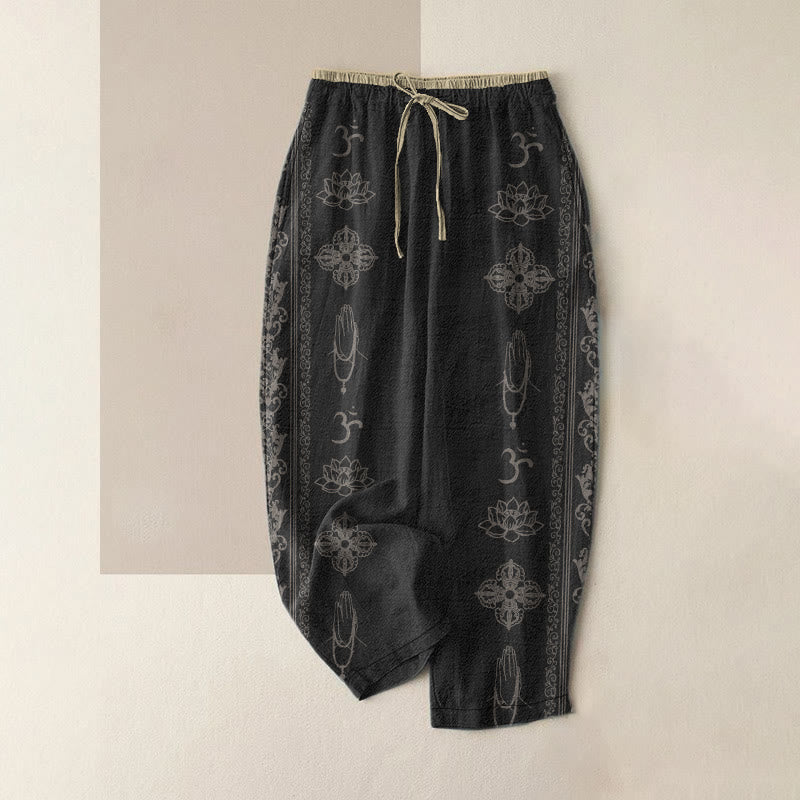 Buddha Stones Casual katoenen damesbroek met elastische Taille en Zakken , met lotusbloemen, dubbele dorje, vajra en namaste om-design. - Zwart - US16, UK/AU20, EU48 (3XL) - image 0