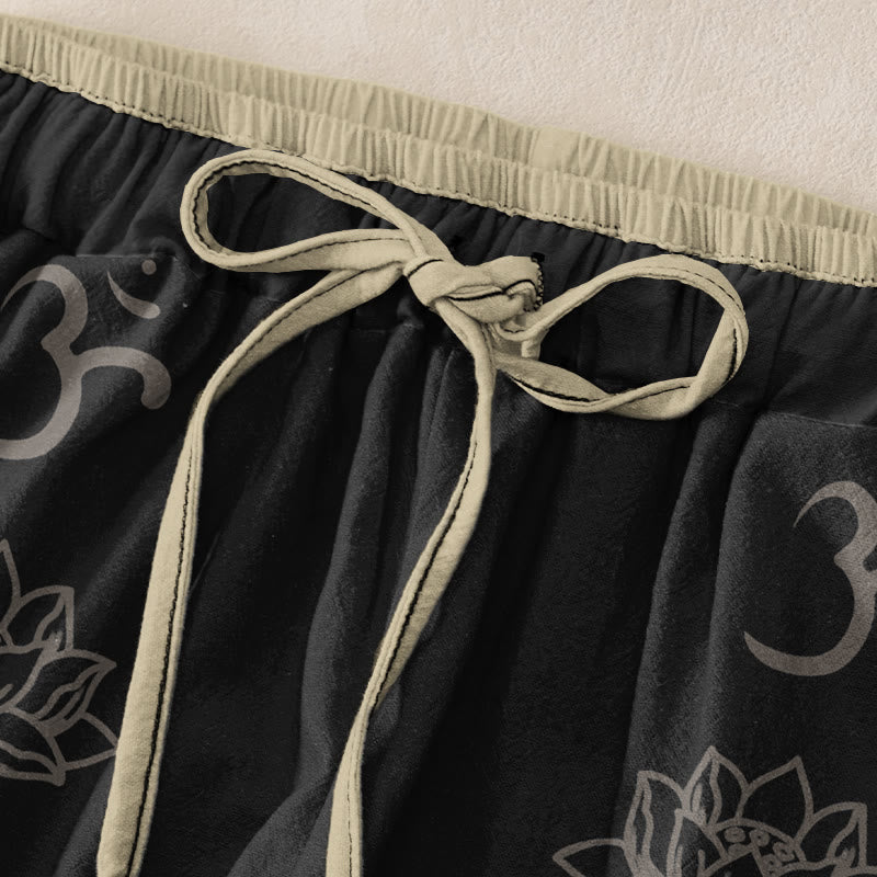 Buddha Stones Casual katoenen damesbroek met elastische Taille en Zakken , met lotusbloemen, dubbele dorje, vajra en namaste om-design. - image 1